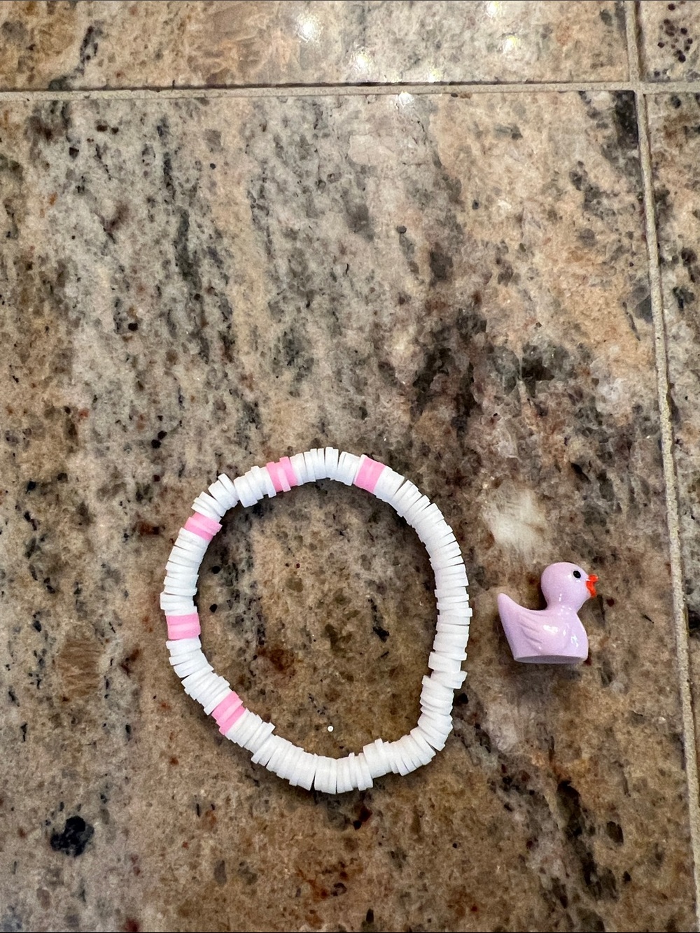 Kids Pink and White Beaded Stretch Bracelet with Cute Duck Charm